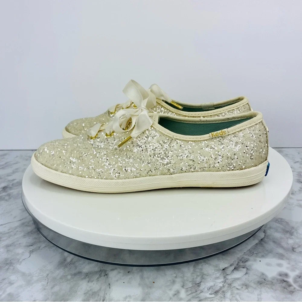 Kate Spade Keds Sneakers Womens 5.5 White Cream Satin Lace Glitter Dipped Bridal